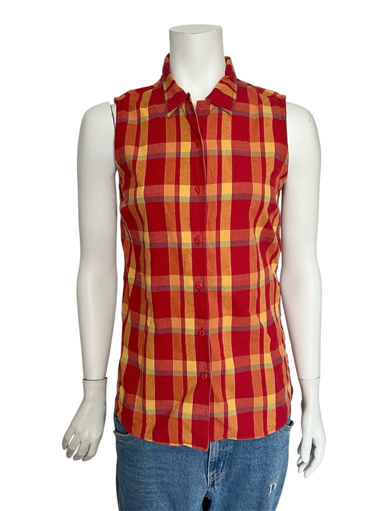 Vintage 80s Women's Plaid Sleeveless Button-Front Shirt By Eddie Bauer